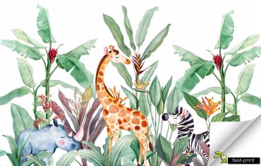 Fototapeta-3d-na-Wymiar-dla-Dzieci-LISCIE-DZUNGLA-SAFARI-ZWIERZETA-Winylowa