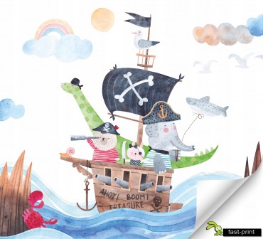 Fototapeta-3d-na-Wymiar-dla-Dzieci-STATEK-ZWIERZETA-MORZE-Winylowa-Laminat